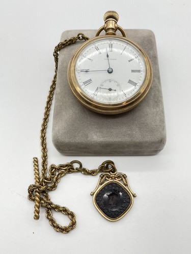 Antique Waltham Grade 615 15j 16s Pocket Watch w/ GF Intaglio Fob Runs Smoothly - Picture 6 of 7