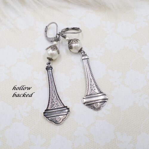 Victorian Style Handmade Cream Pearl Silver Plated Earrings, Renaissance Baroque - Picture 2 of 7