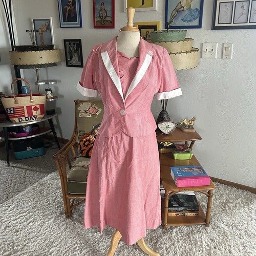 Vintage 1940s Dress Set Red White Print 2 Pc M Dress Jacket 40s 50s Pinup - Picture 9 of 13