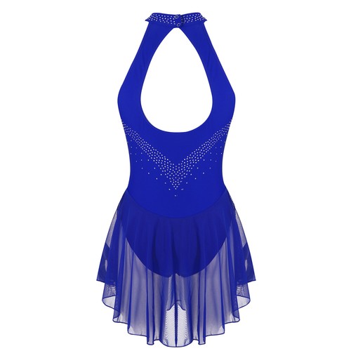 Women Shiny Rhinestone Figure Ice Skating Dress Irregular Hem Ballet Leotard - Picture 124 of 125