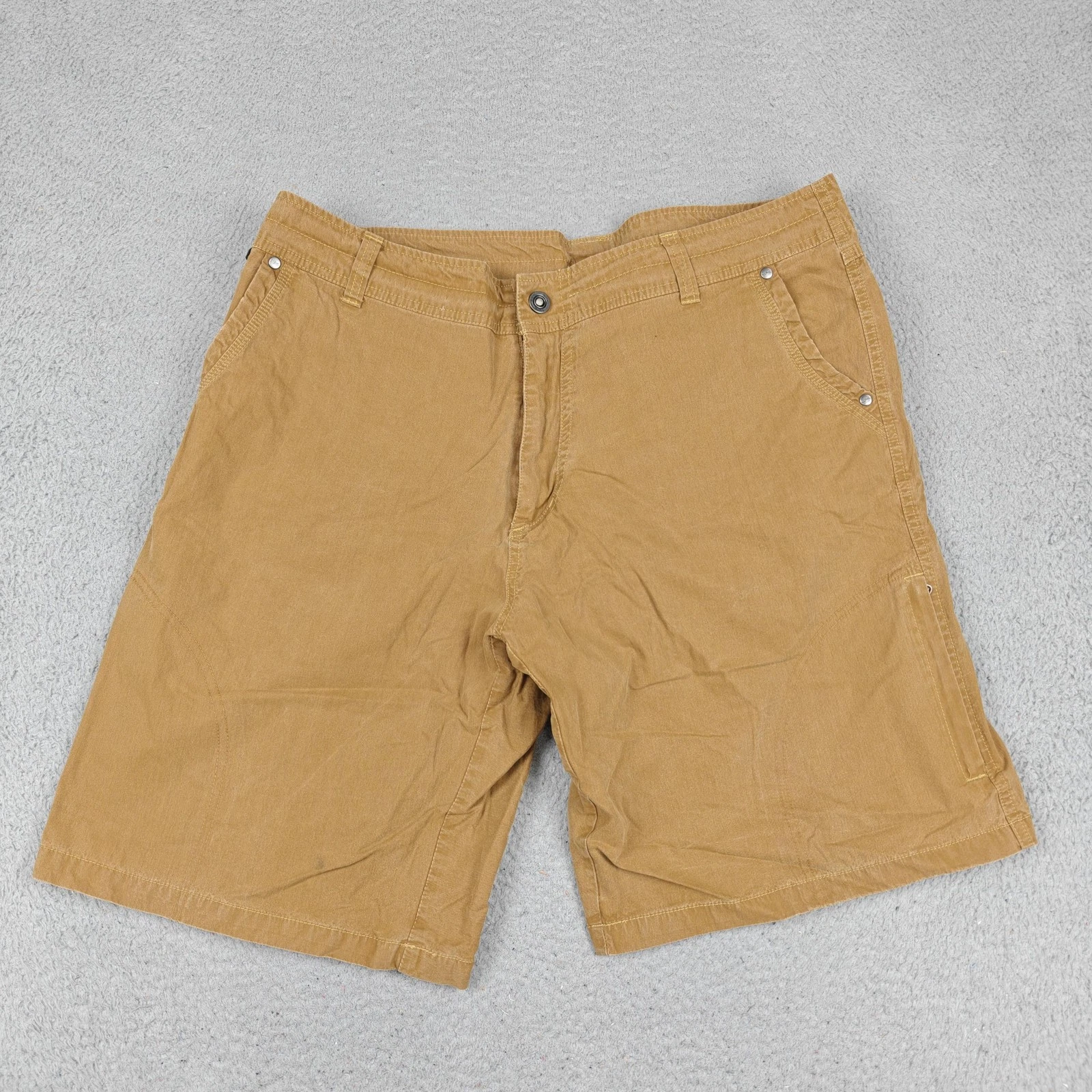 Kuhl Cargo Shorts Mens 38 Beige Vintage Patina Dye Canvas Travel Outdoor Hiking