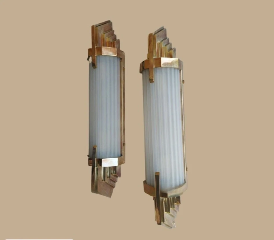 JUEGO DE 1 Aplique de Pared Antiguo Art Deco Rascacielos Latón y Vidrio Esmerilado Luz Foto 4 de 4