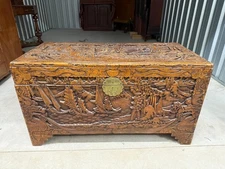Antique Oriental Hand-Carved Wooden Trunk Chest With Intricate Scenic Detailing