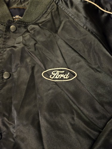 Vintage Ford Navy Blue Satin Jacket Made in USA Dual Sided Graphics Bomber - Picture 2 of 4