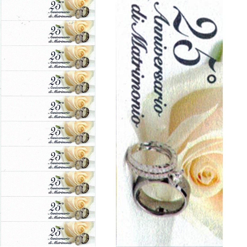 BIGLIETTINI BOMBONIERE 25 ANNIVERSARI MATRIMONI NOZZE STAMPABILI PRETAGLIATI ORO