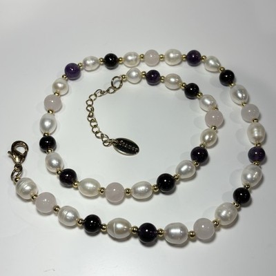 Stauer Amethyst Rosenquarz Granat Süßwasserperlen Halskette