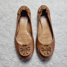 Tory Burch Minnie Travel Ballet Flats Camel Royal Tan Pebbled Leather Women's 8