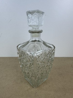 Vintage Whiskykaraffe aus geschliffenem Glas quadratisch Flaschenverschluss 24 cm Barzubehör