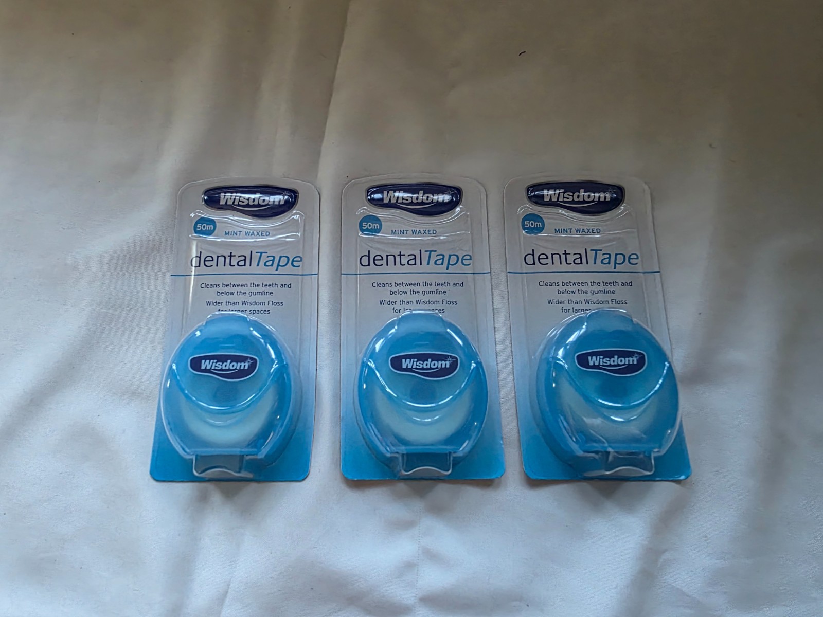 3x Wisdom Dental Tape Mint Waxed Cleans Between Teeth and Below Gum Line - 50m