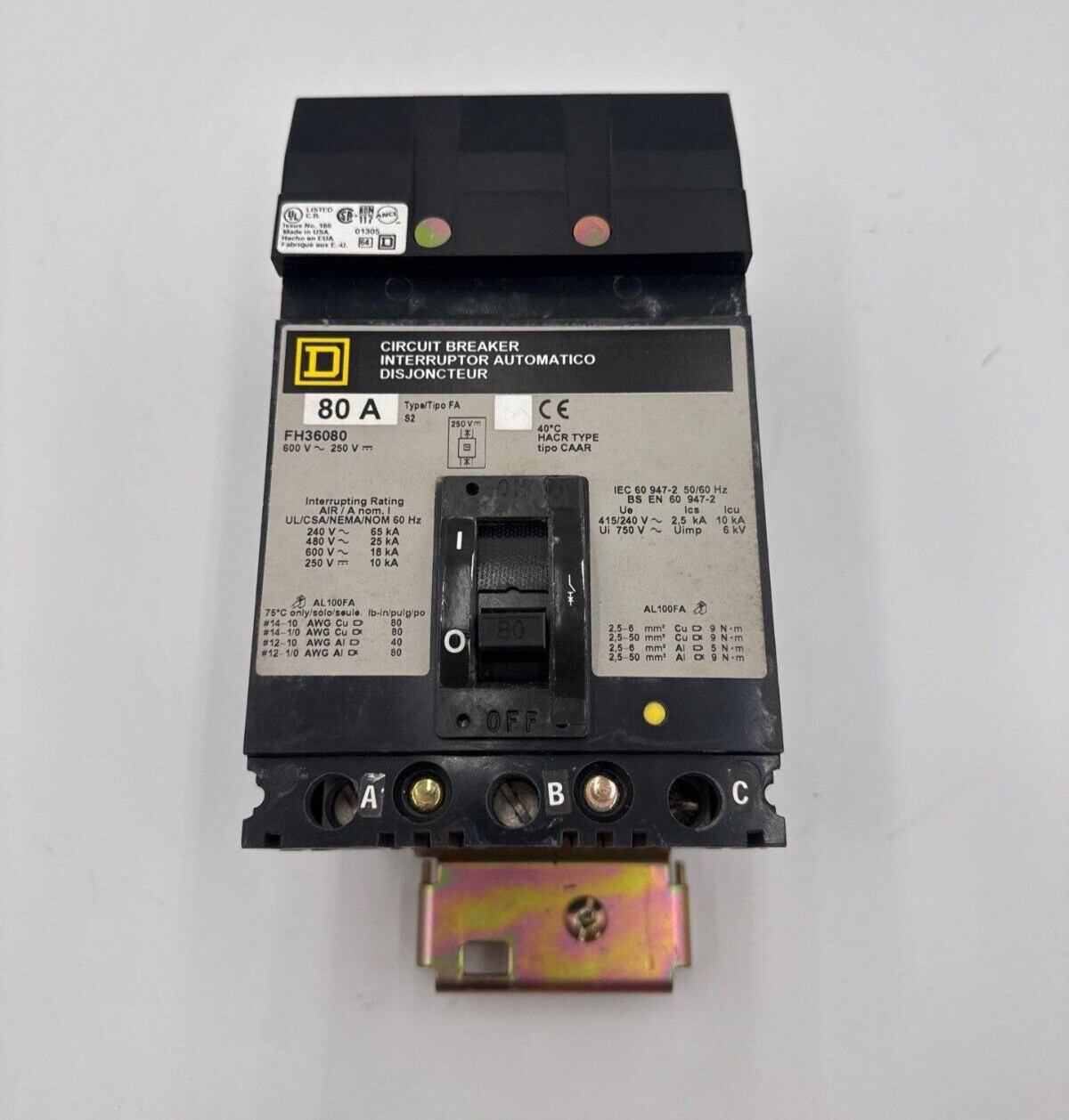 Square D FH36080 I-Line Circuit Breaker 80A 3P 600V 3PH FA 80 Amp 3 Pole Used