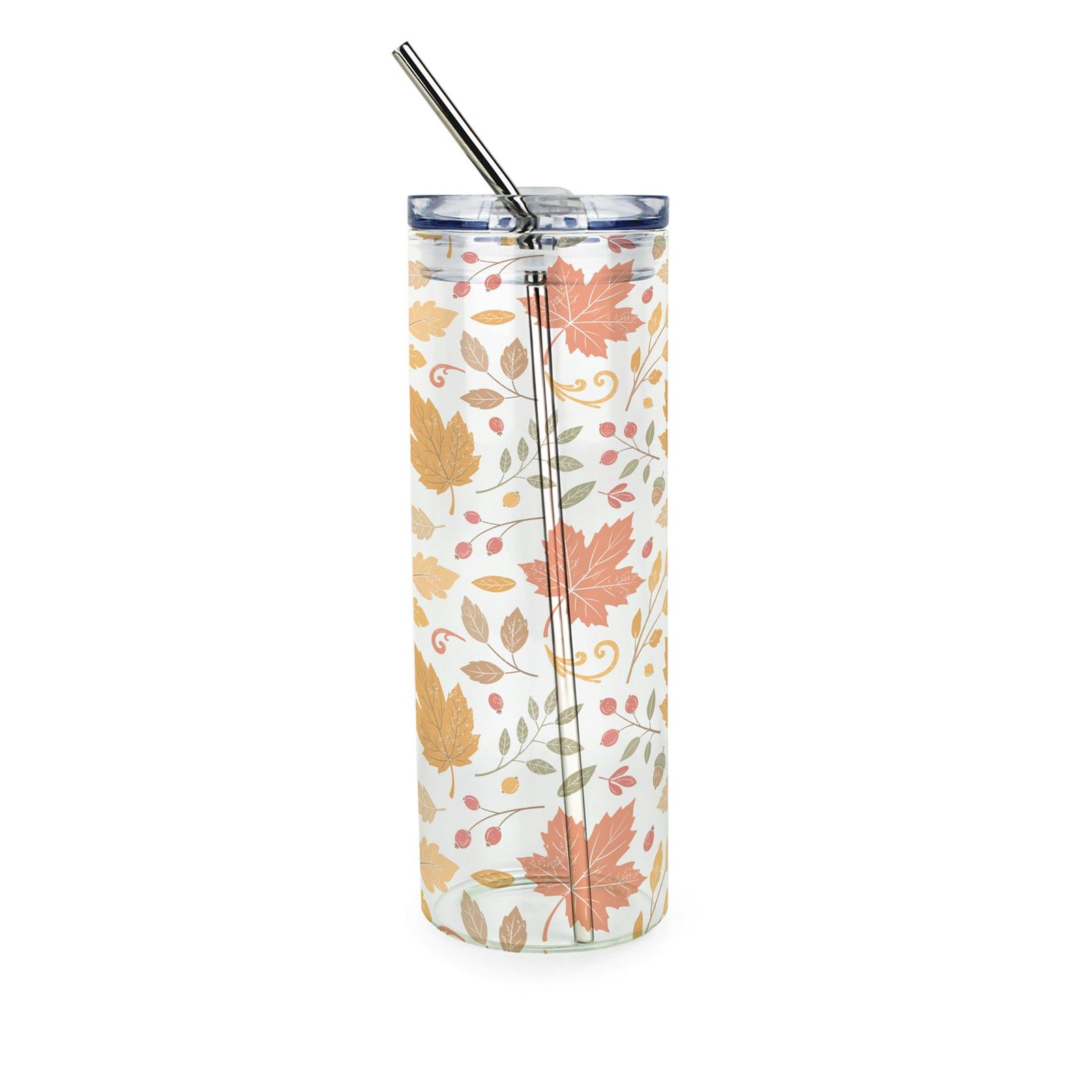 Falling Autumn Leaves Clear Glass Travel Flask - Drinks Tumbler & Straw