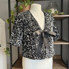 H&M Sequin Jacket M 12 14 Black & Silver Bow Tie Front Limited Edition