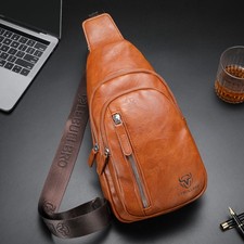 Men PU Leather Sling Bag Crossbody Chest Pack Adjustable Strap Multi Zipper Pock