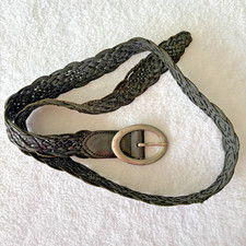 90s Talbots Black Woven Braided Genuine Leather Belt Silver Tone Oval Buckle M