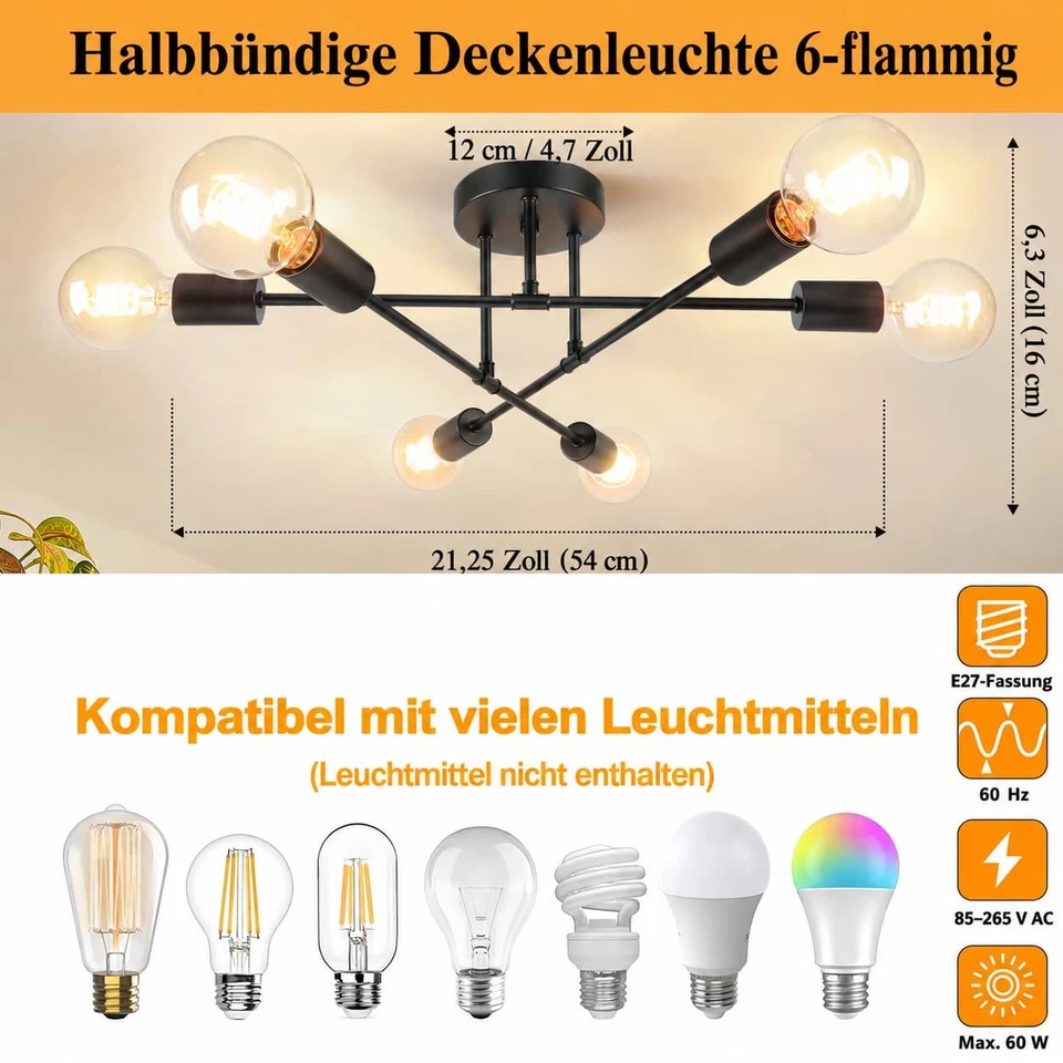 6/8-flammige Deckenleuchte Schwarz Metall E27 360° verstellbar Wohnzimmer Modern - Bild 2 von 4