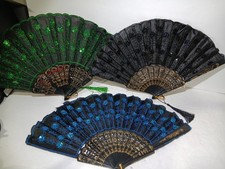 3 Folding Hand Fan Green Sequins w/Black Lace Open Size 16.5" x 9" Dance Prom