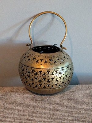 The Bombay Store Antique Gold Metal Tealight Lantern Cutwork Floral Hanging Boho