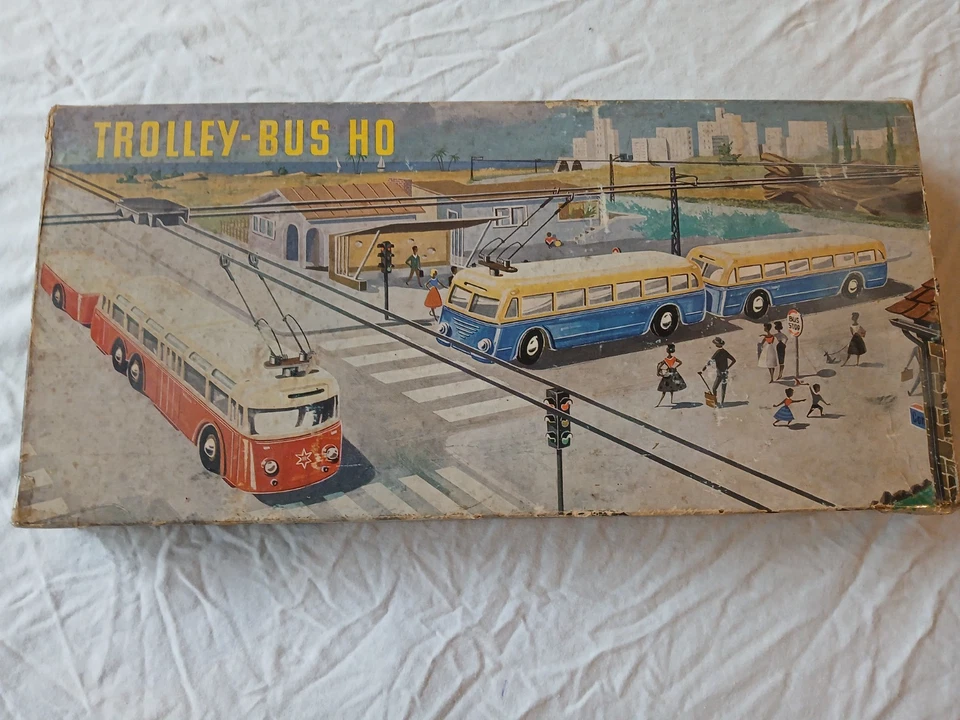 EHEIM 102 H0 Trolley-Bus Set (2 Büssing Busse mit Anhänger)mit Oberleitung, Blau