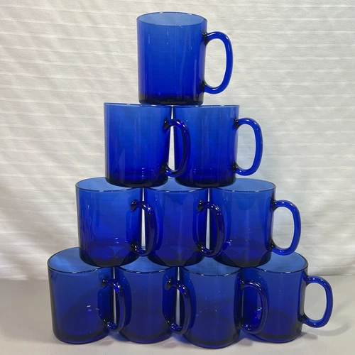 VTG- Set of TEN 10oz Mugs 3.5” Tall Cobalt Blue Glass Drinkware-Made in FRANCE