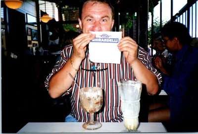 1990s Man Ghirardelli Napkin Ice Cream Sundae Glasses Cafe Vintage Photo