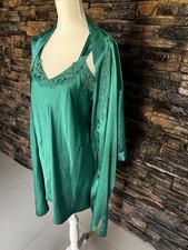 Emerald Green Satin Lace-Trim Nightgown and Robe Set VINTAGE
