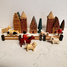 Wood Christmas German Erzgebirge HandCarved Village 17pc