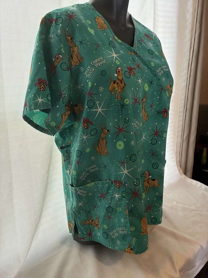 Scooby Doo Scrub Top XL Green Christmas Santa Hat Antlers Dog Holiday Xmas - Image 2 of 4