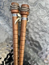 VTG WOODEN Sewing Thread Industrial TEXTILE Spindle Spools Metal 2 Pieces RIBBED