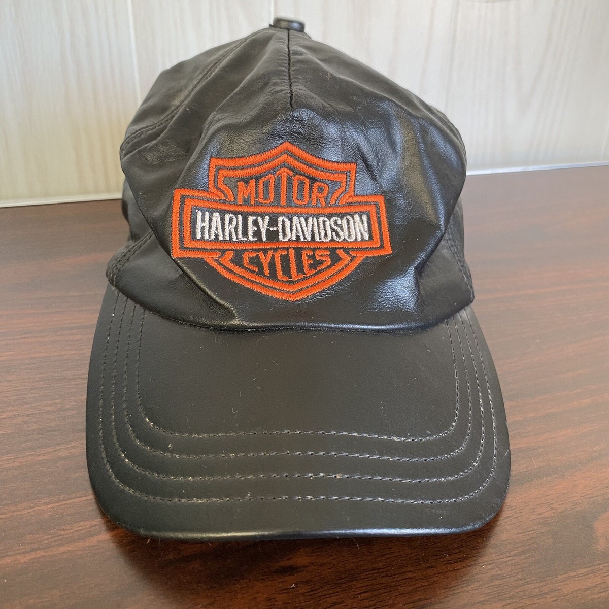 Vintage Harley Davidson Leather Strap Back Hat Cap Made In USA