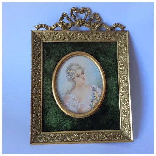 Antique Miniature Painting of a French Lady with Yellow Roses