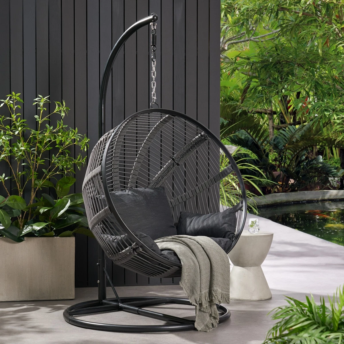 Ansonia Outdoor Rope Weave Hanging Chair with Stand, Gray and Black