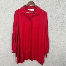Collections Etc Red Button Front Blouse XL Boho Tunic Top Rayon Crinkle Resort