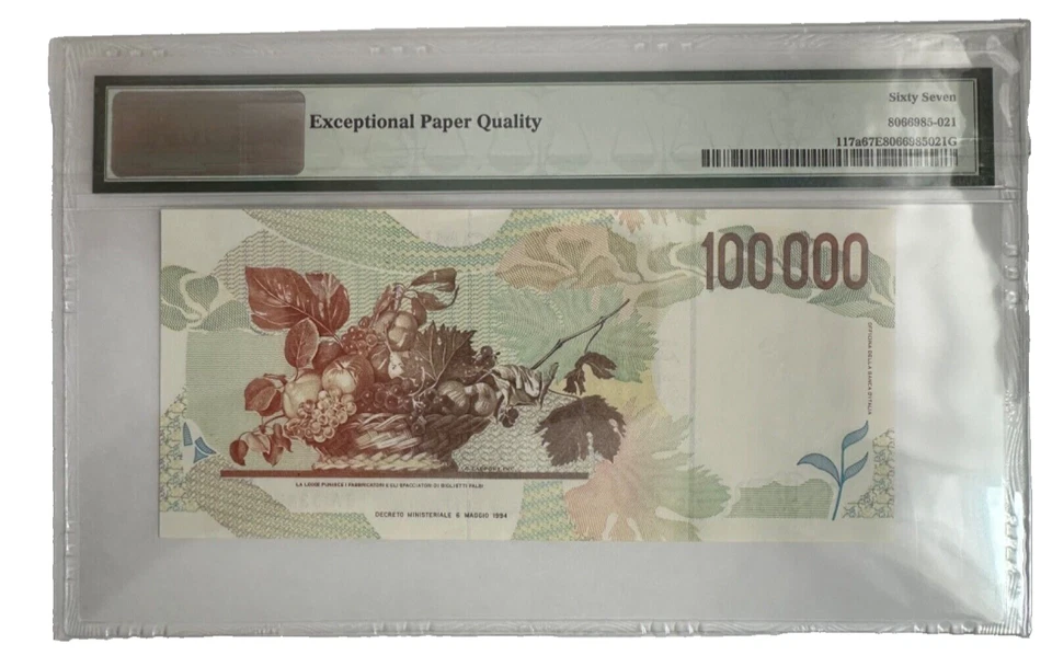 ITALY - P 117a - 100000 LIRE - 1994 - PMG SUPERB GEM UNC 67 EPQ CARAVAGGIO - CA - Image 2 of 2