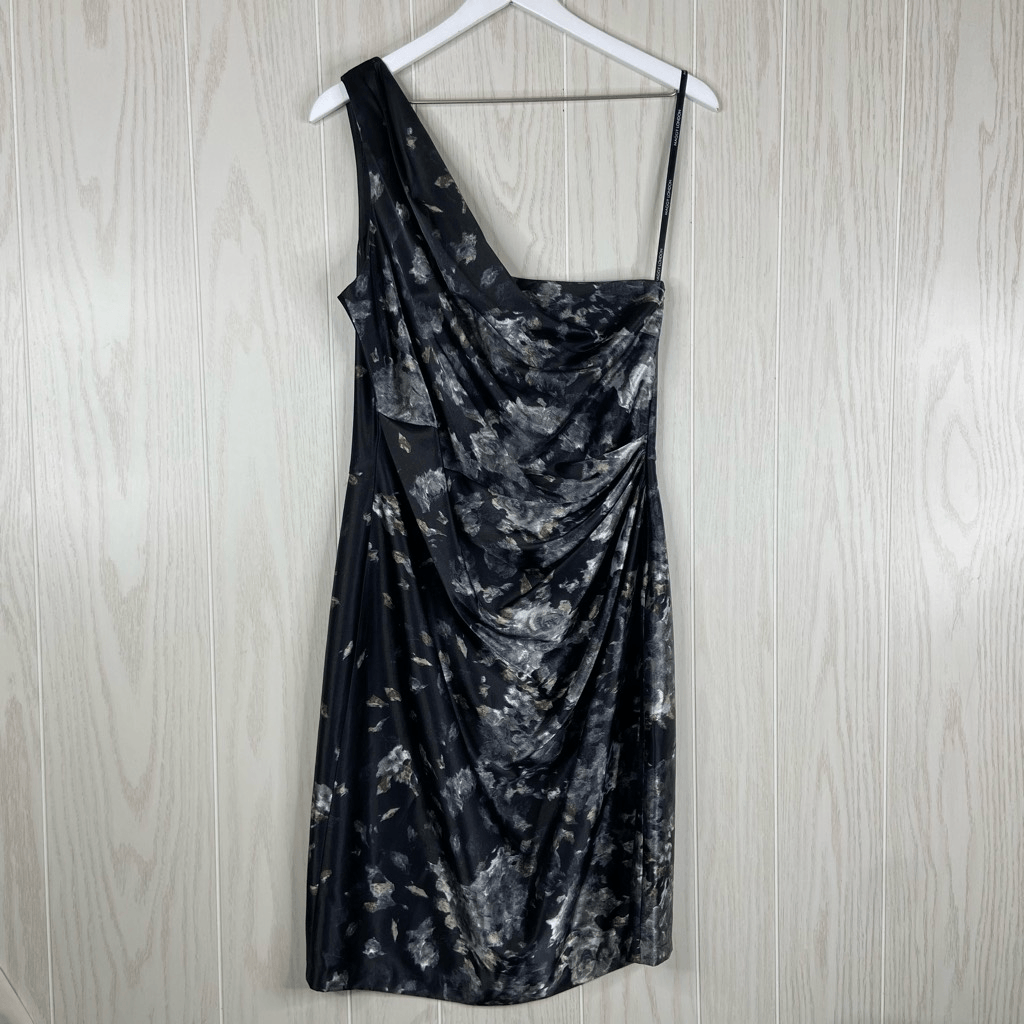 Maggy London One-Shoulder Dress Cocktail Ruched Black Grey Size 14 Satin