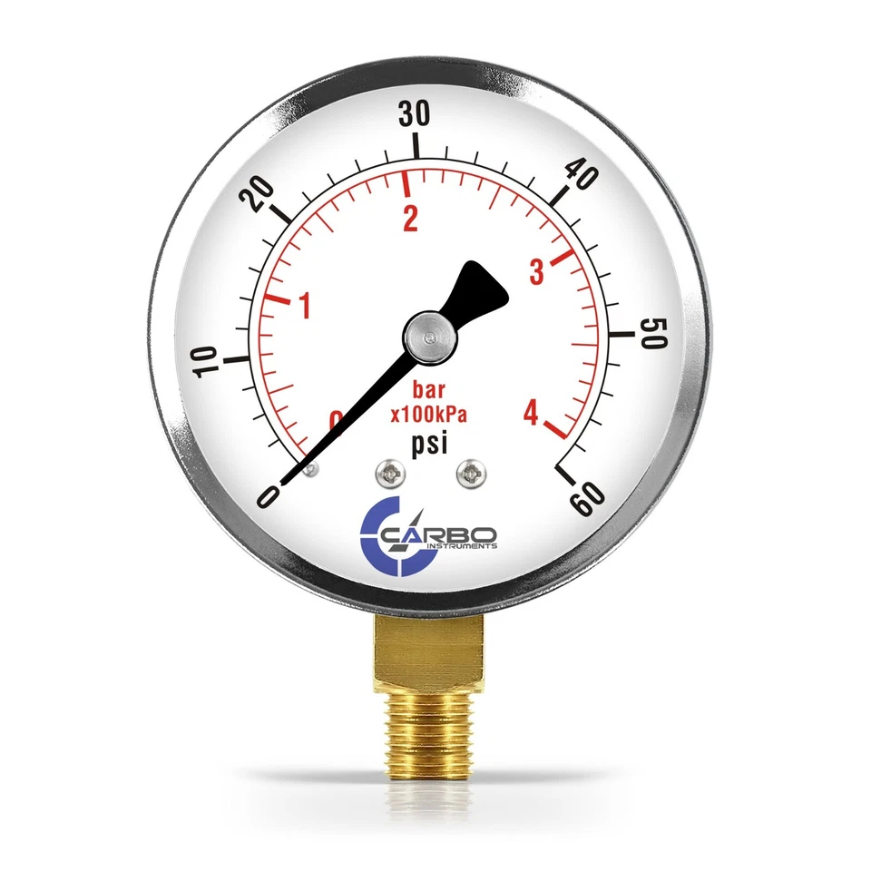 CARBO INSTRUMENTS 2-1/2" Pressure Gauge - Chrome Plated Steel Case, 1/4"NPT, Lower Mnt. 60 PSI