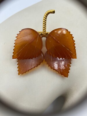 Vtg Russian Baltic Amber Carved Leaf Marked Pin Brooch