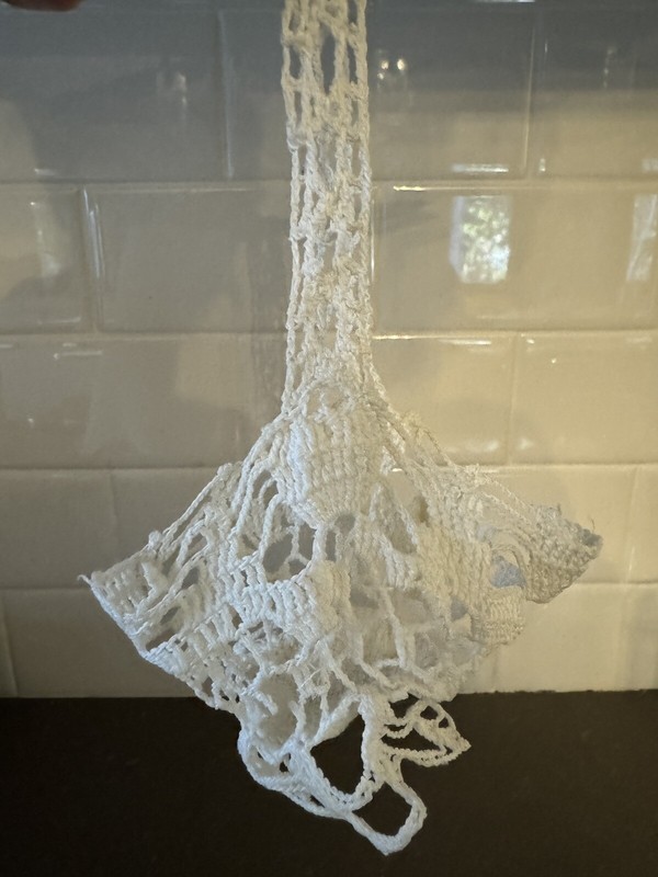 Starched White Antique Crochet Doily Hanging Basket 9” Tall
