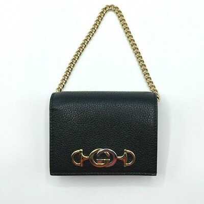 New Gucci Zumi Black Leather Gold Chain Bi-Fold Mini Wallet