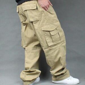Mens Baggy Loose Cargo Casual Trousers Overalls Cotton Long Pants Fashion