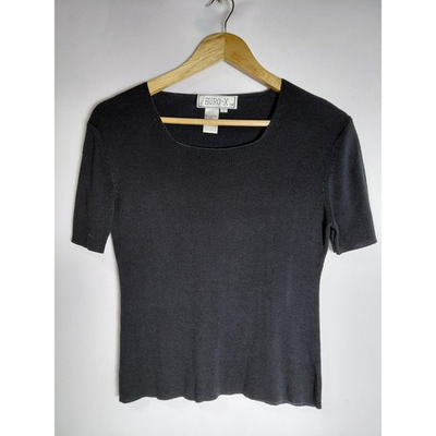 #ad EURO X Silk Black Top Solid Short Sleeve 100% Silk Women Size L $12.60