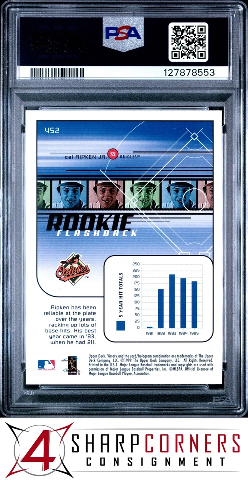 1999 UPPER DECK VICTORY #452 CAL RIPKEN JR. ROOKIE FLASHBACK ORIOLES HOF PSA 10 - Image 2 of 3