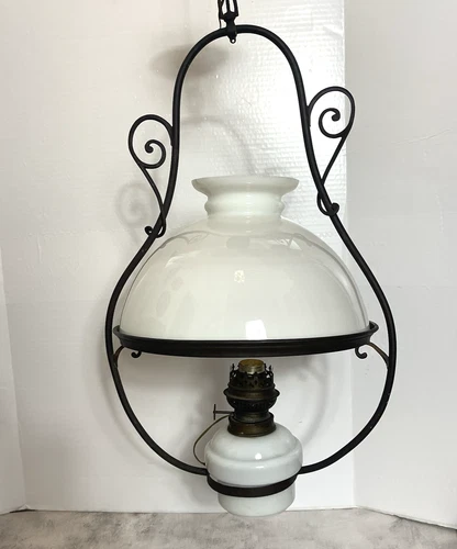 Atq Kosmos Milk Glass & Brass Hanging Oil Lamp Chandelier Electric 26.5"T x 13"W