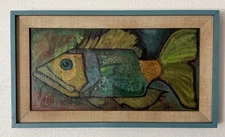 VTG Canvas Oil Painting Abstract Fish Geometric Shapes Green Blue Yellow 23”x13”