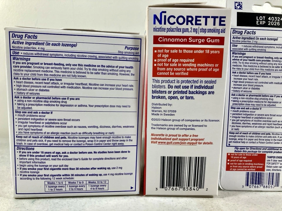 LOTE DE 2 chicles y pastillas Nicorette nicotina canela 2 mg 100 quilates y menta 4 mg 81 quilates NUEVO Foto 4 de 4