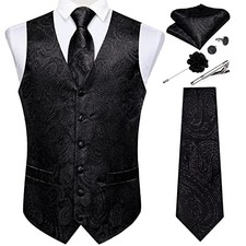 Mens Vest and Tie Set Formal Paisley Waistcoat and Necktie Small Black Paisley