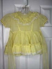 Vintage Toddler Girls Yellow Sheer Dress Lace Ruffle 18-24M 2T Easter Party