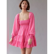 Urban Outfitters River Smock Long Sleeve Tiered Mini Dress Pink Size Medium