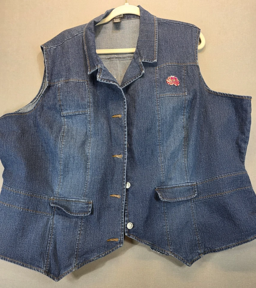 NY Collection Denim Vest 3X Floral Embroidered Beaded Button Front Western Boho - Image 2 of 4