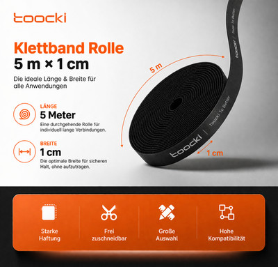 Klettband beidseitig 5m | Schwarz | Klettband Back to Back | Klett-Kabelbinder