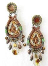 Ayala Bar Designer Golden Slumbers Embroidered Crystal Dangle Earrings 2"